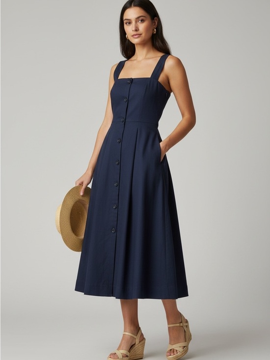 Mauve Dresses & Skirts - Anthro Maeve Navy Button Front Midi Dress 6P Petite Pockets NWOT
